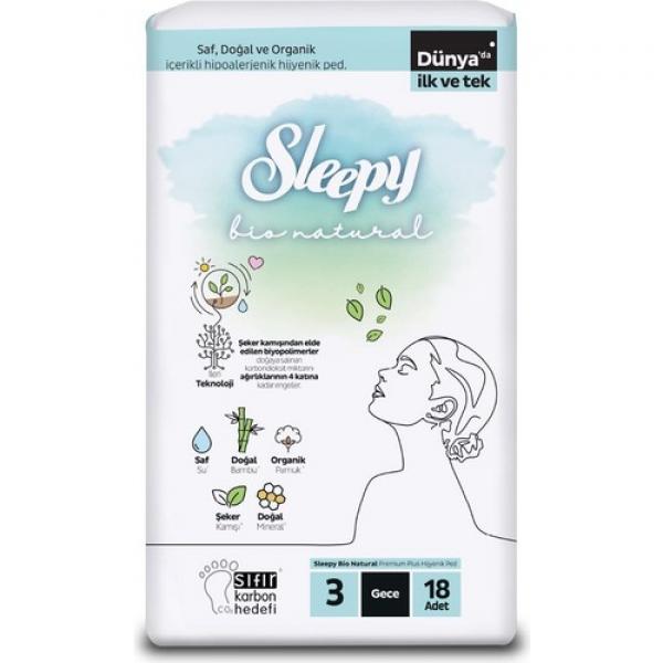 Sleepy Bio Natural Premium Plus Hijyenik Ped Gece 18 Adet