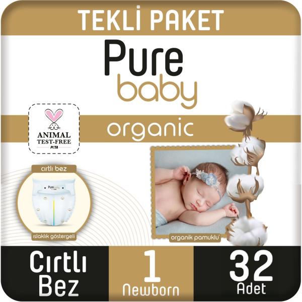 Pure Baby Organic Bebek Bezi 1 Numara Yenidoğan 2-5 Kg 32 Adet