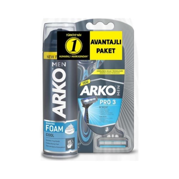 Arko Men T3 Pro 3 Bıçaklı Tıraş Bıçağı 3 lü  Cool Tıraş Köpüğü 200 ml