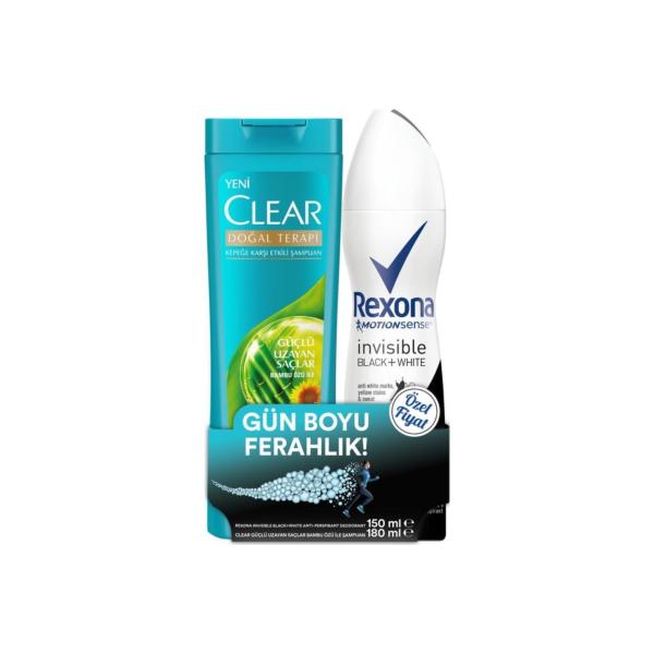 Rexona Invisible Black + White Kadın Sprey Deodorant 150 ml + Clear Güçlü Uzayan Saçlar Şampuan 180 ml Set