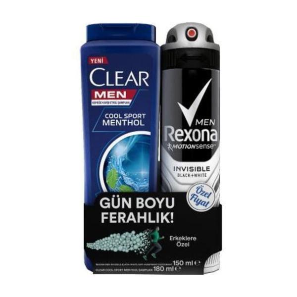 Clear Men Cool Sport Menthol Şampuan 600 ML + Rexona Men Invisible Black+White Deodorant Sprey 150 ML 2li Set