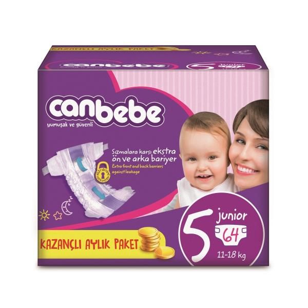 Canbebe Bebek Bezi Aylık Paket 5 Beden 64 Adet